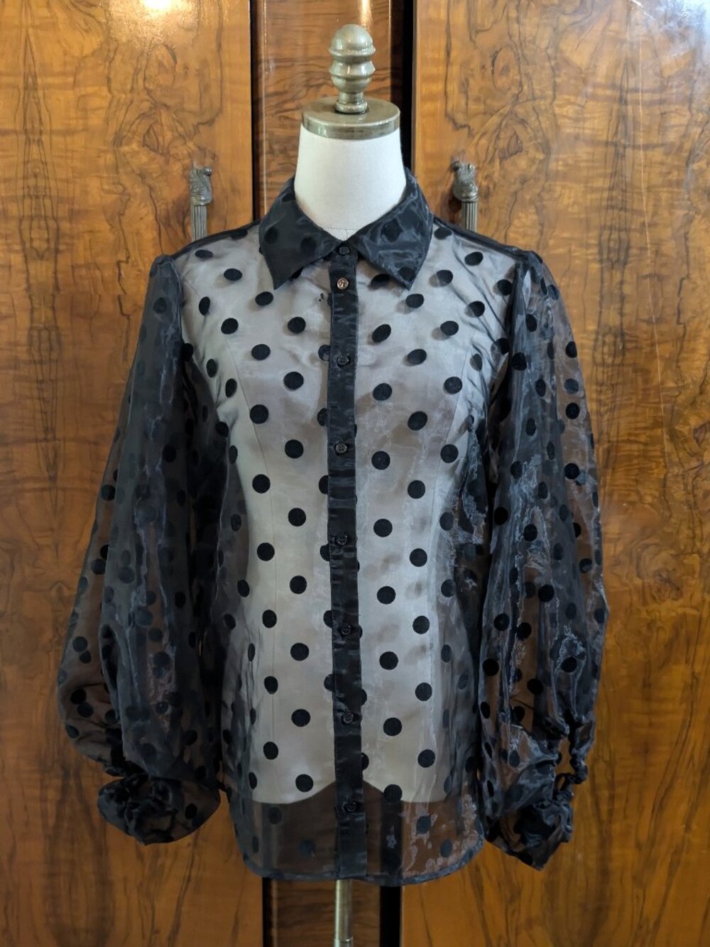 Boston Proper Black Polka Dot Sheer Taffeta Blouse M Long Balloon Sleeve Evening